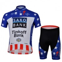 2013 Saxo Bank Tinkoff USA Champion Radtrikot Kurzarm und Kurz Radhose Kits Blau Weiß Rot