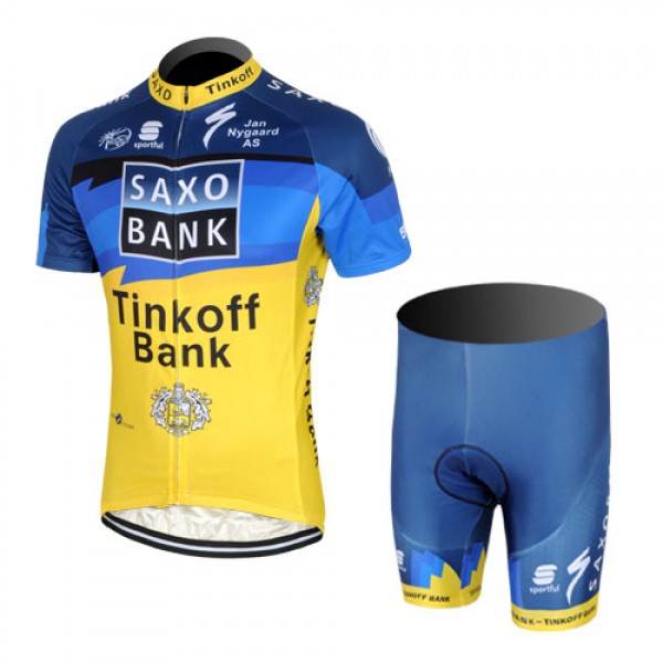 2013 Saxo Bank Tinkoff Pro Team Radtrikot Kurzarm und Kurz Radhose Kits Blau Gelb