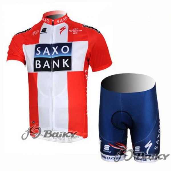 2012 Saxo Bank Dnischer Champion Radbekleidung Radtrikot Kurzarm und Fahrradhosen Kurz Rot Weiß
