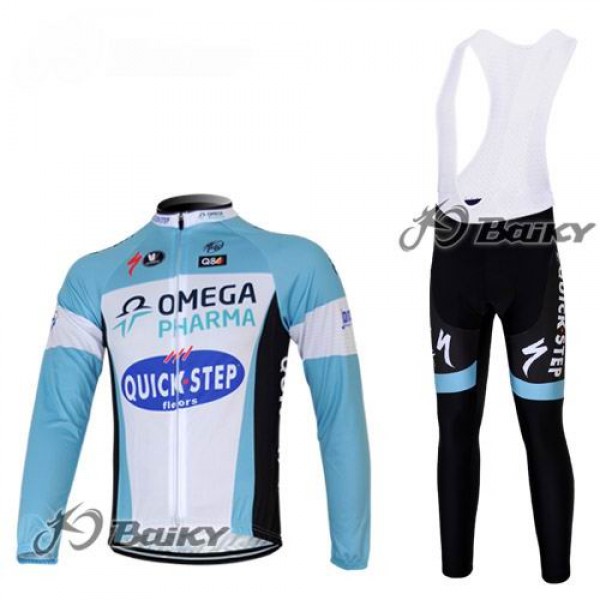 Omega Pharma Quick Step Pro Team Fahrradbekleidung Radtrikot Satz Langarm und Lange Trägerhose Blau Weiß