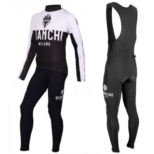 2016 Bianchi Milano Nalon Weiß-Schwarz Fahrradbekleidung Satz Radtrikot Langarm+Lang Trägerhose