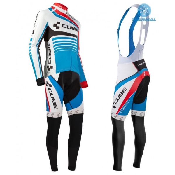 2016 Cube Teamline Weiß-Blau thermisch Fahrradbekleidung Satz Radtrikot Langarm+Lang Trägerhose