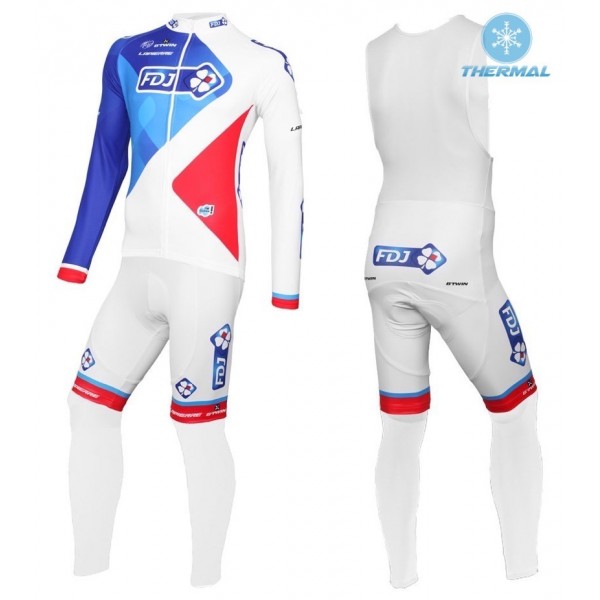 2016 Team FDJ Weiß thermisch Fahrradbekleidung Satz Radtrikot Langarm+Lang Trägerhose