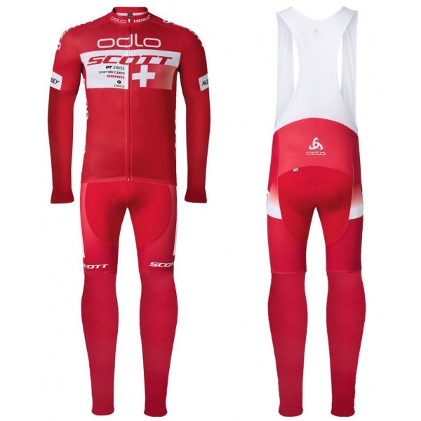 2016 Scott ODLO Team Rot Fahrradbekleidung Satz Radtrikot Langarm+Lang Trägerhose