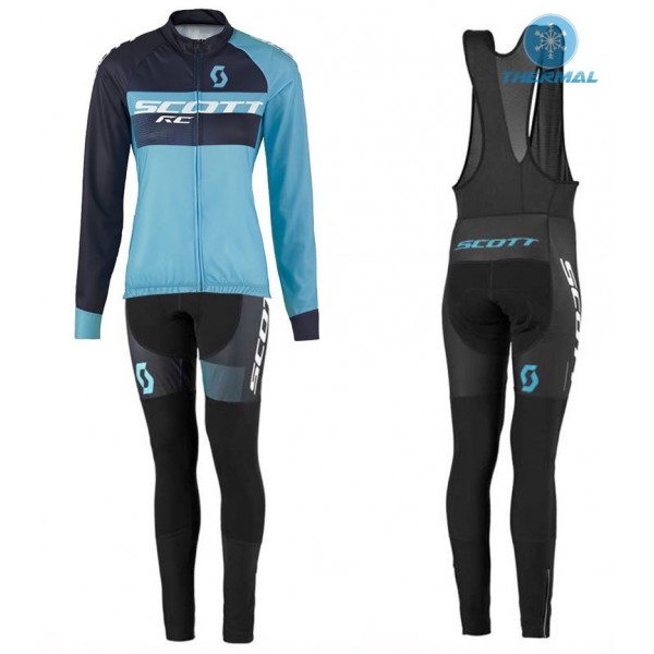2016 Scott RC Schwarz-Blau Damen thermisch Fahrradbekleidung Satz Radtrikot Langarm+Lang Trägerhose